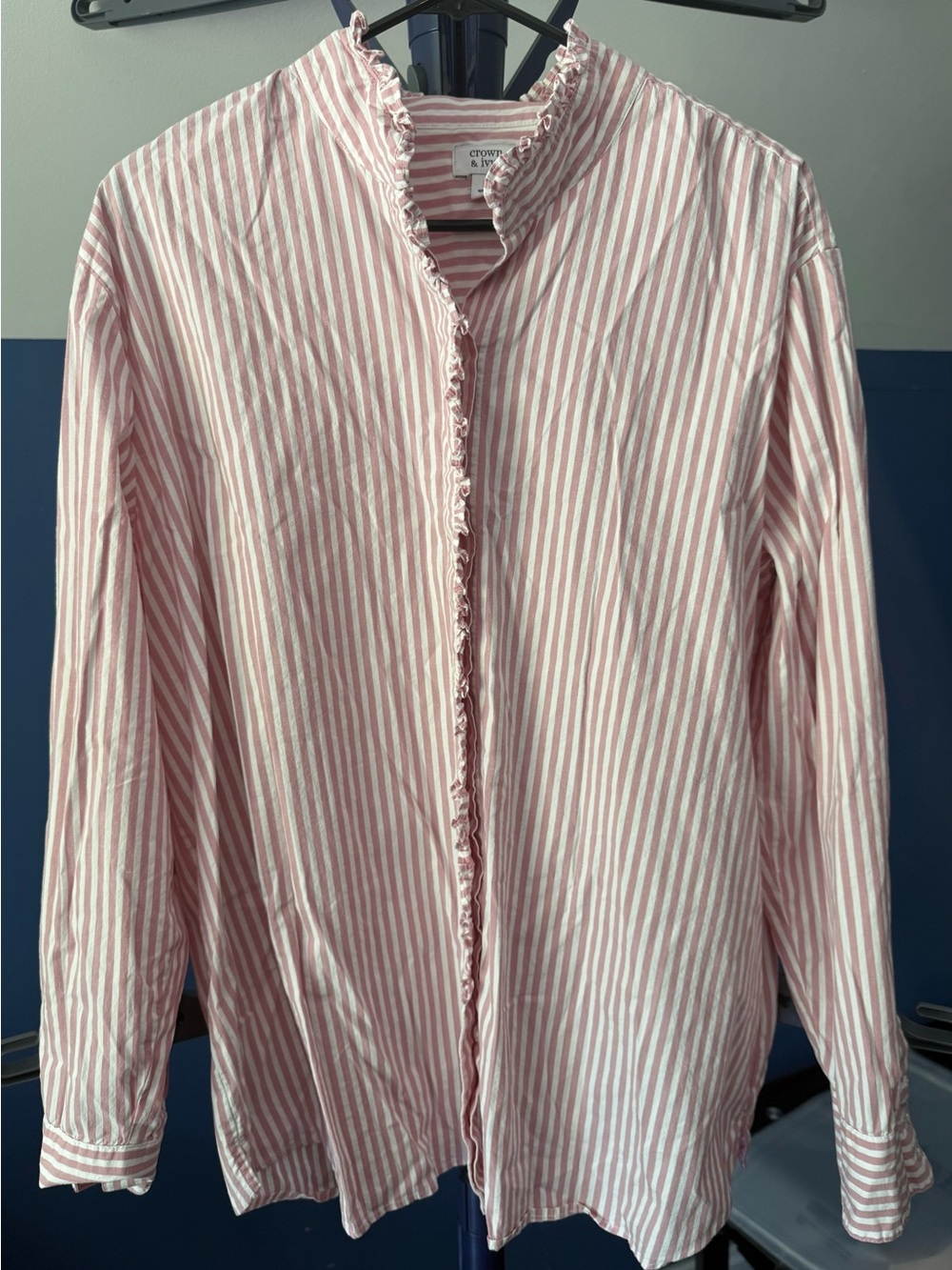 crown & ivy Pink and White Striped Ruffle-Trim Button Front Shirt